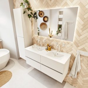MONDIAZ VICA 120cm badmeubel onderkast Talc 4 lades. Wastafel Denia dubbel 2 kraangaten, kleur Glanzend Wit met spiegel LED.