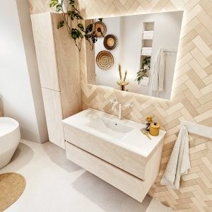 MONDIAZ VICA 100cm badmeubel onderkast Underlayment 2 lades. Wastafel Denia midden 1 kraangat, kleur Glanzend Wit met spiegel LED.