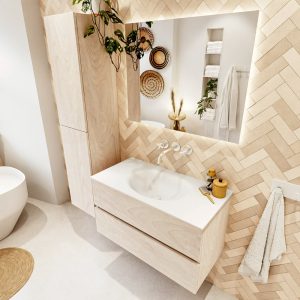 MONDIAZ VICA 90cm badmeubel onderkast Underlayment 2 lades. Wastafel Moon midden zonder kraangat, kleur Talc met spiegel LED.