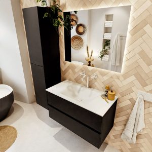 MONDIAZ VICA 90cm badmeubel onderkast Urban 2 lades. Wastafel CLOUD midden 1 kraangat, kleur Talc met spiegel LED.