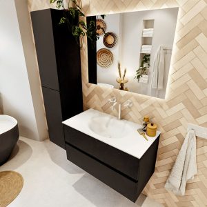 MONDIAZ VICA 90cm badmeubel onderkast Urban 2 lades. Wastafel Moon midden 1 kraangat, kleur Talc met spiegel LED.