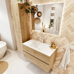 MONDIAZ VICA 90cm badmeubel onderkast Washed Oak 2 lades. Wastafel CLOUD midden 1 kraangat, kleur Talc met spiegel LED.