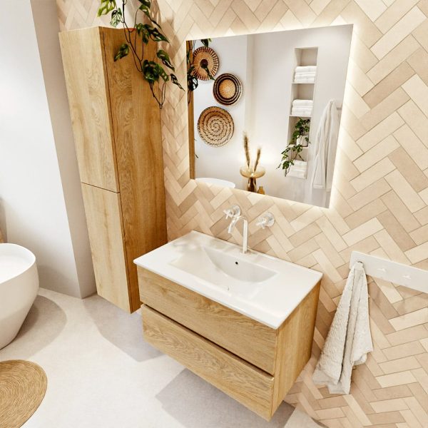 MONDIAZ VICA 80cm badmeubel onderkast Washed Oak 2 lades. Wastafel Denia midden 1 kraangat, kleur Glanzend Wit met spiegel LED.