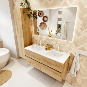 MONDIAZ VICA 120cm badmeubel onderkast Washed Oak 4 lades. Wastafel Denia dubbel 2 kraangaten, kleur Glanzend Wit met spiegel LED.