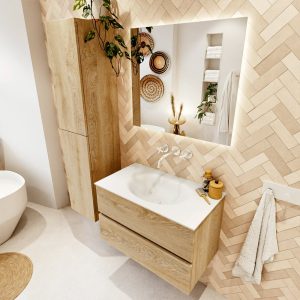 MONDIAZ VICA 80cm badmeubel onderkast Washed Oak 2 lades. Wastafel Moon midden zonder kraangat, kleur Talc met spiegel LED.