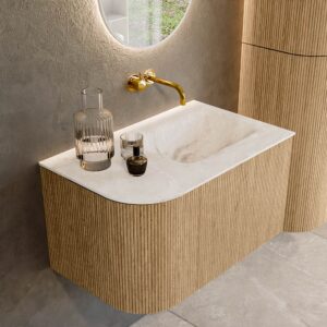 MONDIAZ KURVE-DLUX 75cm badmeubel ronding Links kleur Oak met 1 lade en 1 deur. Wastafel GRUNNE Rechts zonder kraangat Frappe.