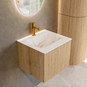 MONDIAZ KURVE-DLUX 50cm badmeubel kleur Oak met 1 lade en 0 deuren. Wastafel GRUNNE Midden 1 kraangat Frappe.