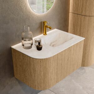 MONDIAZ KURVE-DLUX 75cm badmeubel ronding Links kleur Oak met 1 lade en 1 deur. Wastafel GRUNNE Rechts 1 kraangat Frappe.