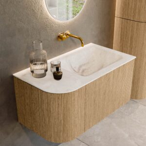 MONDIAZ KURVE-DLUX 85cm badmeubel ronding Links kleur Oak met 1 lade en 1 deur. Wastafel CLOUD Rechts zonder kraangat Frappe.