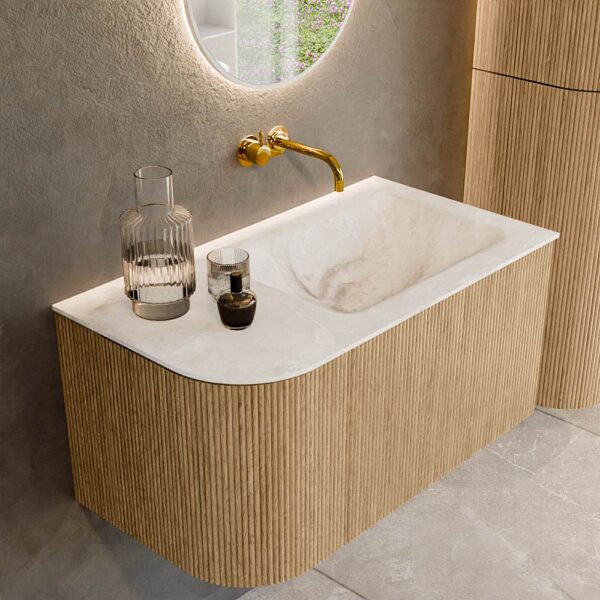 MONDIAZ KURVE-DLUX 85cm badmeubel ronding Links kleur Oak met 1 lade en 1 deur. Wastafel CLOUD Rechts zonder kraangat Frappe.