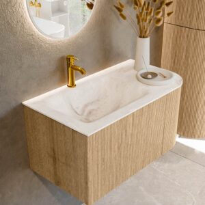 MONDIAZ KURVE-DLUX 85cm badmeubel ronding Rechts kleur Oak met 1 lade en 1 deur. Wastafel CLOUD Links 1 kraangat Frappe.