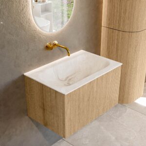 MONDIAZ KURVE-DLUX 70cm badmeubel kleur Oak met 1 lade en 0 deuren. Wastafel BIG SMALL Midden zonder kraangat Frappe.