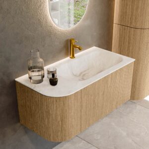 MONDIAZ KURVE-DLUX 95cm badmeubel ronding Links kleur Oak met 1 lade en 1 deur. Wastafel BIG SMALL Rechts 1 kraangat Frappe.