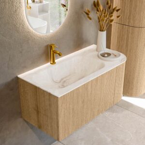 MONDIAZ KURVE-DLUX 95cm badmeubel ronding Rechts kleur Oak met 1 lade en 1 deur. Wastafel BIG SMALL Links 1 kraangat Frappe.