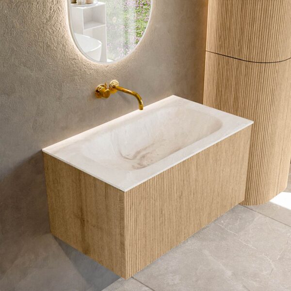 MONDIAZ KURVE-DLUX 80cm badmeubel kleur Oak met 1 lade en 0 deuren. Wastafel BIG SMALL Midden zonder kraangat Frappe.