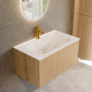 MONDIAZ KURVE-DLUX 80cm badmeubel kleur Oak met 1 lade en 0 deuren. Wastafel BIG SMALL Midden 1 kraangat Frappe.