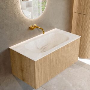 MONDIAZ KURVE-DLUX 90cm badmeubel kleur Oak met 1 lade en 0 deuren. Wastafel BIG SMALL Midden zonder kraangat Frappe.