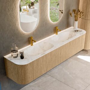 MONDIAZ KURVE-DLUX 200cm badmeubel ronding Links + Rechts kleur Oak met 2 lades en 2 deuren. Wastafel STOR SMALL Dubbel 2 kraangaten Frappe.