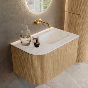 MONDIAZ KURVE-DLUX 75cm badmeubel ronding Links kleur Oak met 1 lade en 1 deur. Wastafel GRUNNE Rechts zonder kraangat Opalo.