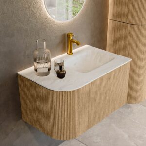 MONDIAZ KURVE-DLUX 75cm badmeubel ronding Links kleur Oak met 1 lade en 1 deur. Wastafel GRUNNE Rechts 1 kraangat Opalo.