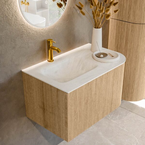 MONDIAZ KURVE-DLUX 75cm badmeubel ronding Rechts kleur Oak met 1 lade en 1 deur. Wastafel GRUNNE Links 1 kraangat Opalo.