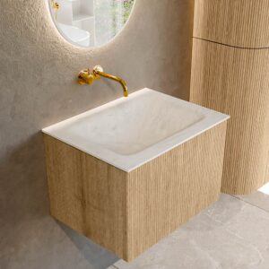 MONDIAZ KURVE-DLUX 60cm badmeubel kleur Oak met 1 lade en 0 deuren. Wastafel CLOUD Midden zonder kraangat Opalo.