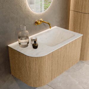MONDIAZ KURVE-DLUX 85cm badmeubel ronding Links kleur Oak met 1 lade en 1 deur. Wastafel CLOUD Rechts zonder kraangat Opalo.