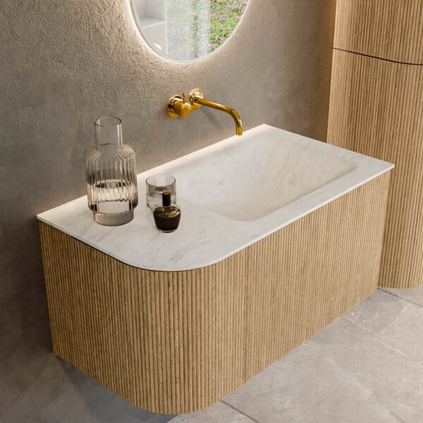 MONDIAZ KURVE-DLUX 85cm badmeubel ronding Links kleur Oak met 1 lade en 1 deur. Wastafel CLOUD Rechts zonder kraangat Opalo.
