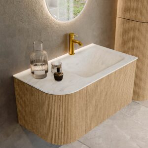 MONDIAZ KURVE-DLUX 85cm badmeubel ronding Links kleur Oak met 1 lade en 1 deur. Wastafel CLOUD Rechts 1 kraangat Opalo.