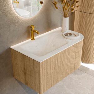 MONDIAZ KURVE-DLUX 85cm badmeubel ronding Rechts kleur Oak met 1 lade en 1 deur. Wastafel CLOUD Links 1 kraangat Opalo.