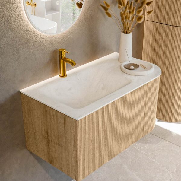 MONDIAZ KURVE-DLUX 85cm badmeubel ronding Rechts kleur Oak met 1 lade en 1 deur. Wastafel CLOUD Links 1 kraangat Opalo.