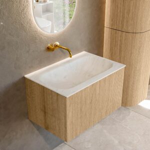MONDIAZ KURVE-DLUX 70cm badmeubel kleur Oak met 1 lade en 0 deuren. Wastafel BIG SMALL Midden zonder kraangat Opalo.