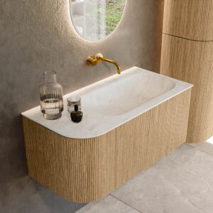 MONDIAZ KURVE-DLUX 95cm badmeubel ronding Links kleur Oak met 1 lade en 1 deur. Wastafel BIG SMALL Rechts zonder kraangat Opalo.