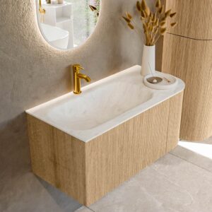 MONDIAZ KURVE-DLUX 95cm badmeubel ronding Rechts kleur Oak met 1 lade en 1 deur. Wastafel BIG SMALL Links 1 kraangat Opalo.