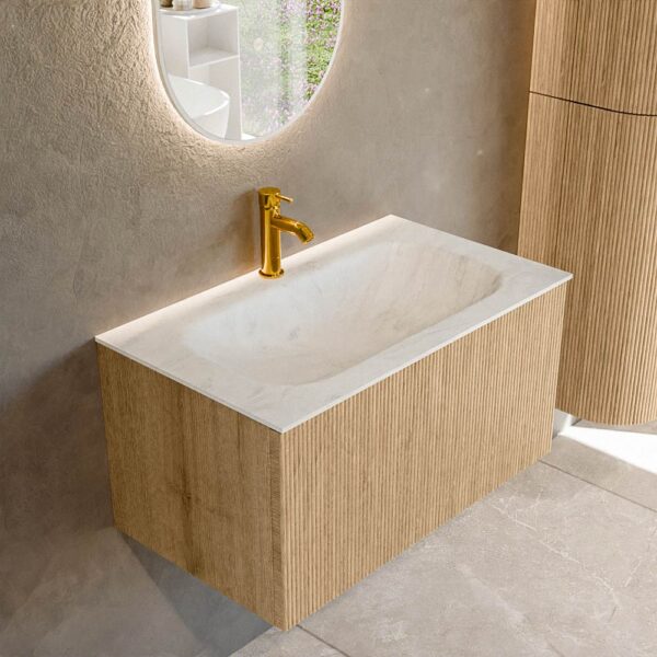 MONDIAZ KURVE-DLUX 80cm badmeubel kleur Oak met 1 lade en 0 deuren. Wastafel BIG SMALL Midden 1 kraangat Opalo.