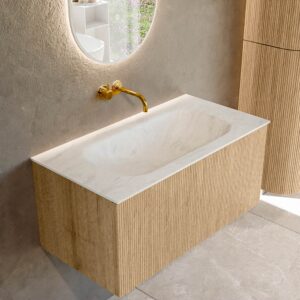 MONDIAZ KURVE-DLUX 90cm badmeubel kleur Oak met 1 lade en 0 deuren. Wastafel BIG SMALL Midden zonder kraangat Opalo.