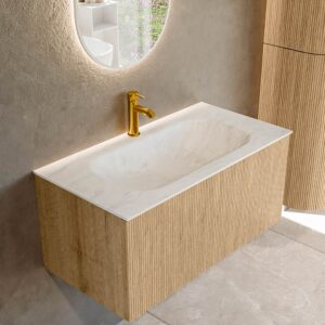MONDIAZ KURVE-DLUX 90cm badmeubel kleur Oak met 1 lade en 0 deuren. Wastafel BIG SMALL Midden 1 kraangat Opalo.