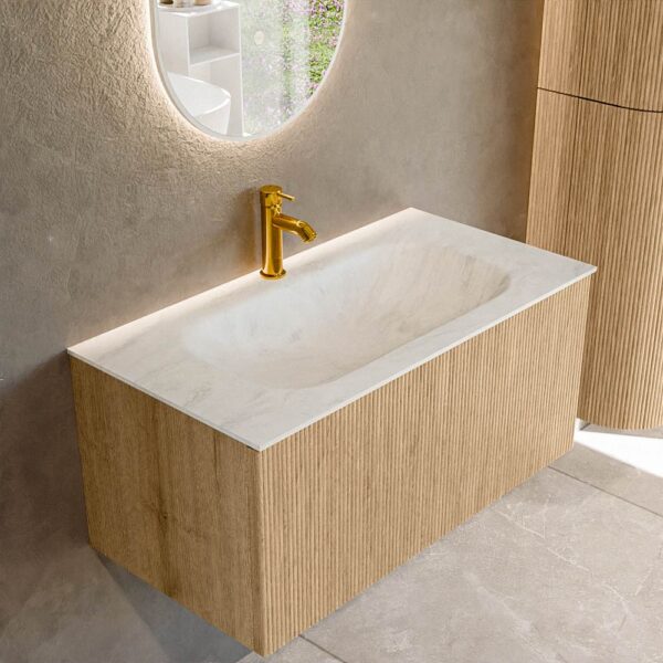 MONDIAZ KURVE-DLUX 90cm badmeubel kleur Oak met 1 lade en 0 deuren. Wastafel BIG SMALL Midden 1 kraangat Opalo.