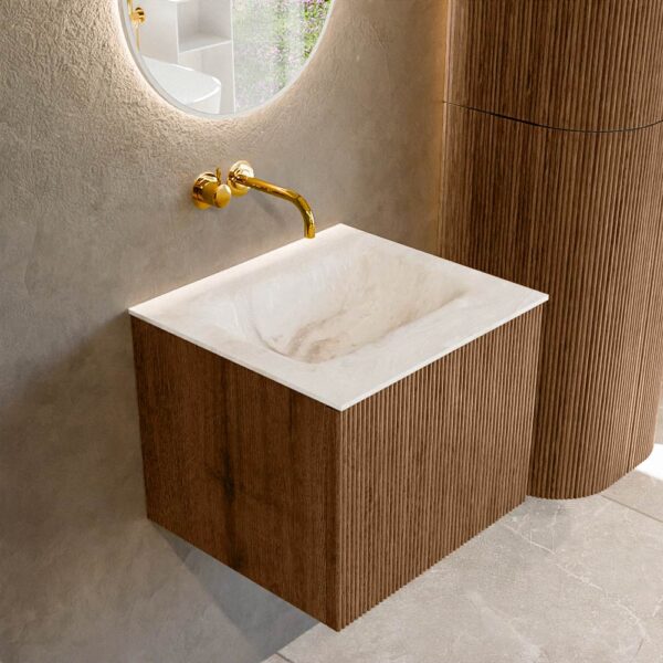MONDIAZ KURVE-DLUX 50cm badmeubel kleur Walnut met 1 lade en 0 deuren. Wastafel GRUNNE Midden zonder kraangat Frappe.