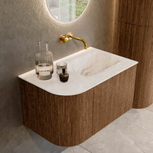 MONDIAZ KURVE-DLUX 75cm badmeubel ronding Links kleur Walnut met 1 lade en 1 deur. Wastafel GRUNNE Rechts zonder kraangat Frappe.