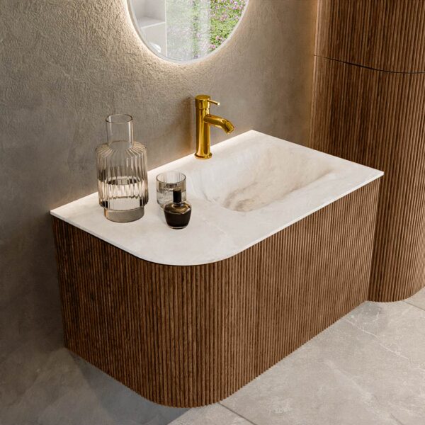 MONDIAZ KURVE-DLUX 75cm badmeubel ronding Links kleur Walnut met 1 lade en 1 deur. Wastafel GRUNNE Rechts 1 kraangat Frappe.