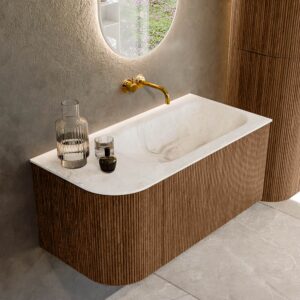 MONDIAZ KURVE-DLUX 95cm badmeubel ronding Links kleur Walnut met 1 lade en 1 deur. Wastafel BIG SMALL Rechts zonder kraangat Frappe.