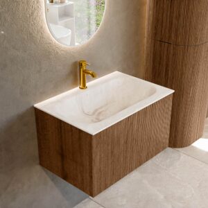 MONDIAZ KURVE-DLUX 70cm badmeubel kleur Walnut met 1 lade en 0 deuren. Wastafel BIG SMALL Midden 1 kraangat Frappe.