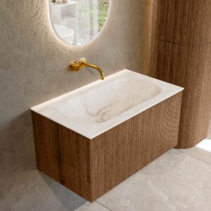 MONDIAZ KURVE-DLUX 80cm badmeubel kleur Walnut met 1 lade en 0 deuren. Wastafel BIG SMALL Midden zonder kraangat Frappe.