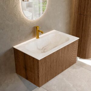 MONDIAZ KURVE-DLUX 80cm badmeubel kleur Walnut met 1 lade en 0 deuren. Wastafel BIG SMALL Midden 1 kraangat Frappe.