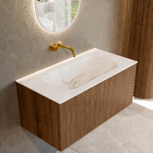 MONDIAZ KURVE-DLUX 90cm badmeubel kleur Walnut met 1 lade en 0 deuren. Wastafel BIG SMALL Midden zonder kraangat Frappe.