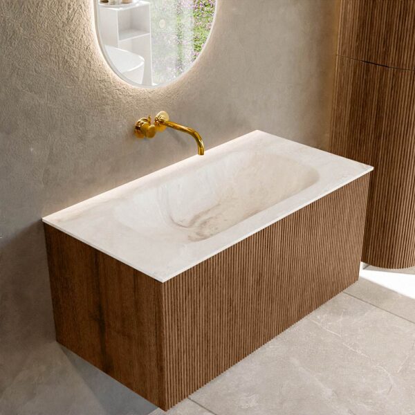 MONDIAZ KURVE-DLUX 90cm badmeubel kleur Walnut met 1 lade en 0 deuren. Wastafel BIG SMALL Midden zonder kraangat Frappe.