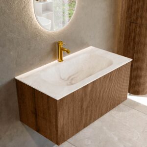 MONDIAZ KURVE-DLUX 90cm badmeubel kleur Walnut met 1 lade en 0 deuren. Wastafel BIG SMALL Midden 1 kraangat Frappe.