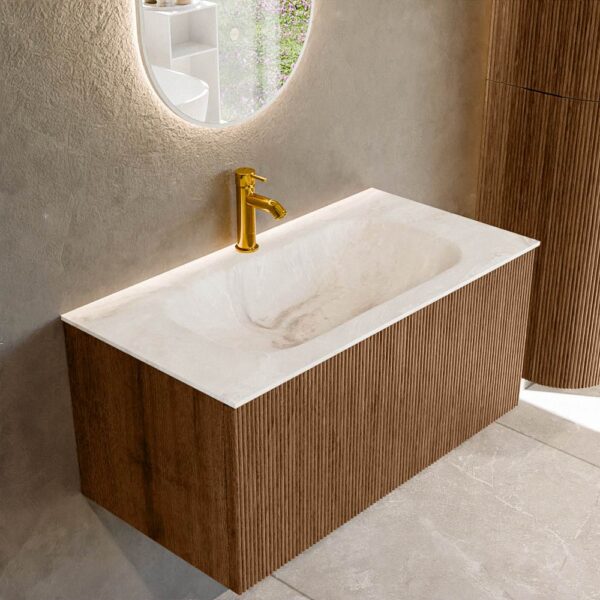 MONDIAZ KURVE-DLUX 90cm badmeubel kleur Walnut met 1 lade en 0 deuren. Wastafel BIG SMALL Midden 1 kraangat Frappe.