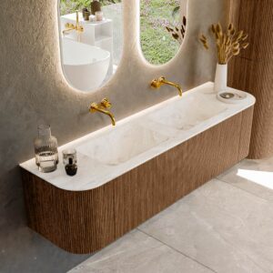 MONDIAZ KURVE-DLUX 170cm badmeubel ronding Links + Rechts kleur Walnut met 1 lade en 2 deuren. Wastafel LEAF Dubbel zonder kraangat Frappe.